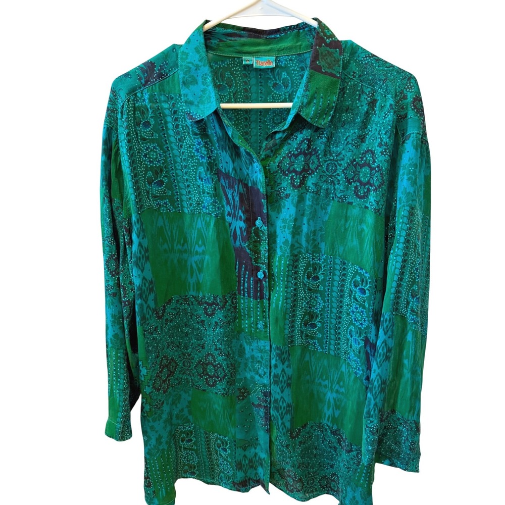 Vintage Tianello L.S. Christiana Dyed Rayon Patchwork Paisley Boho Blouse M EUC